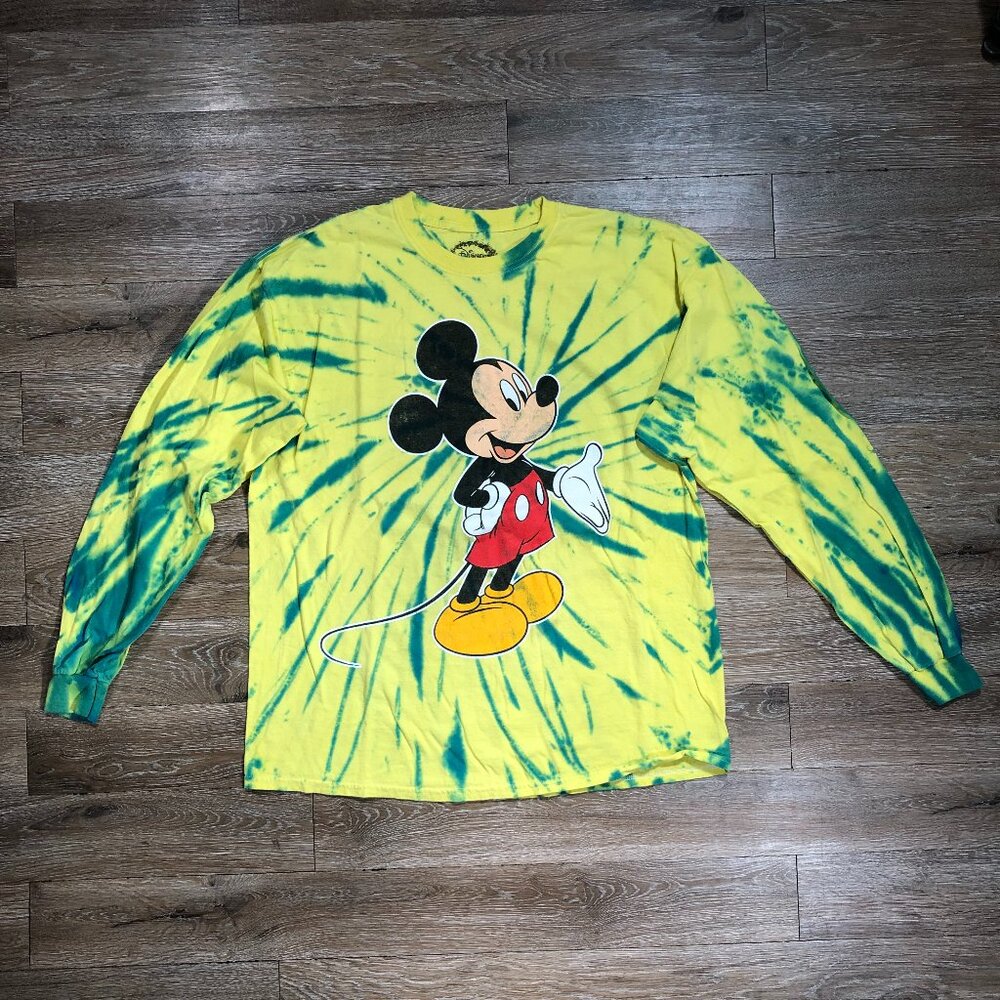 Disney Mickey-Mouse Tie-Dye Long-Sleeve Shirt Men Large Yellow Green Tee